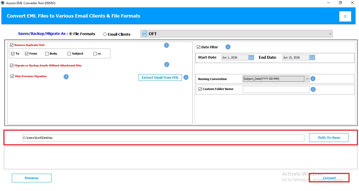 save the resultant OFT file and hit Convert