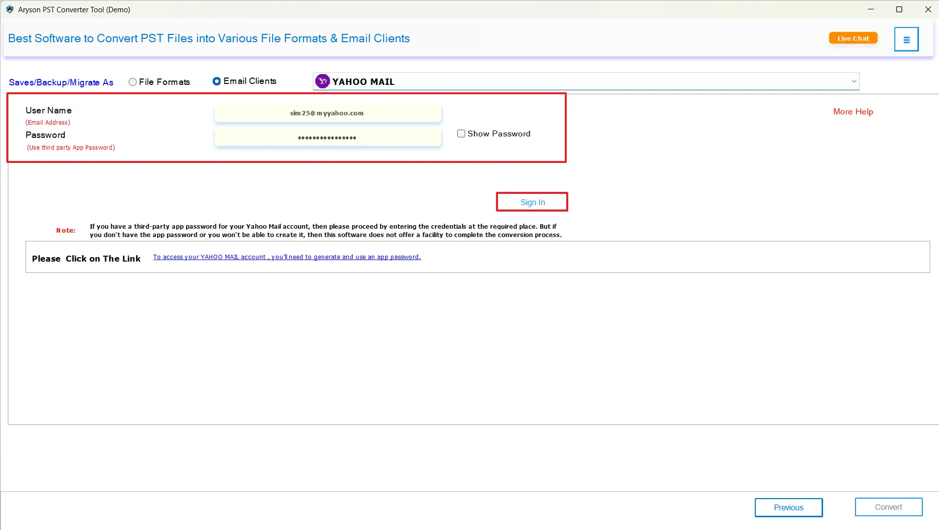 Enter Yahoo Mail credentials