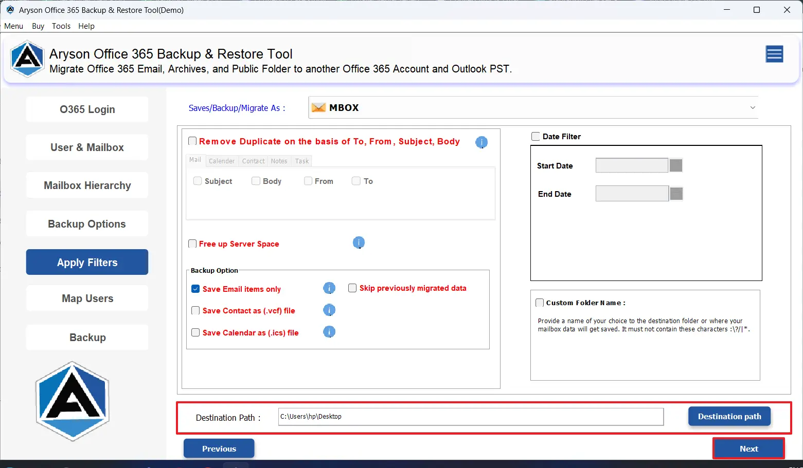 Select destination & click Next