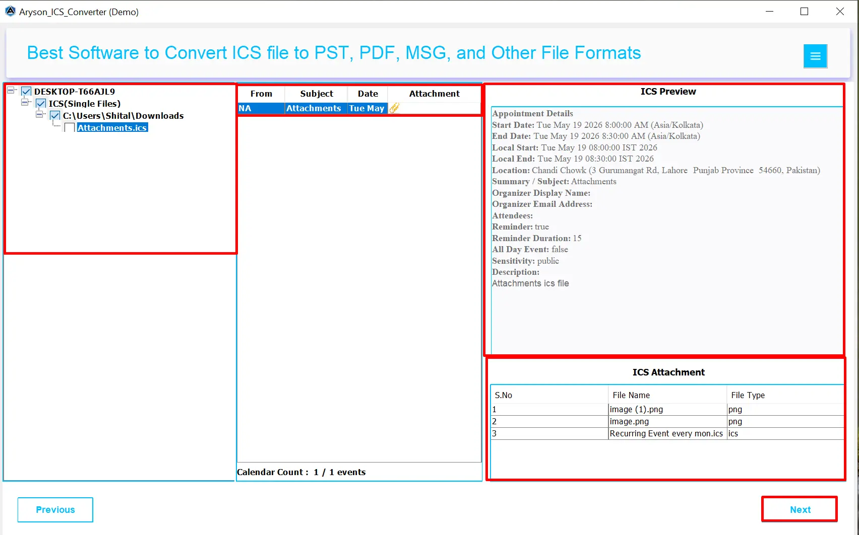 Preview selected ICS file