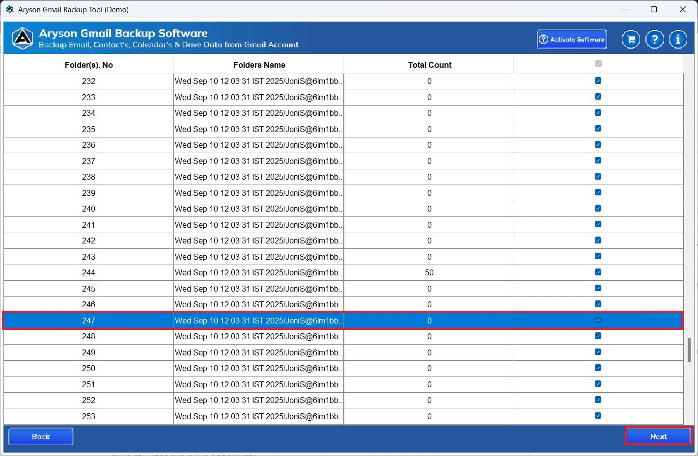 Select desired Gmail data and preview
