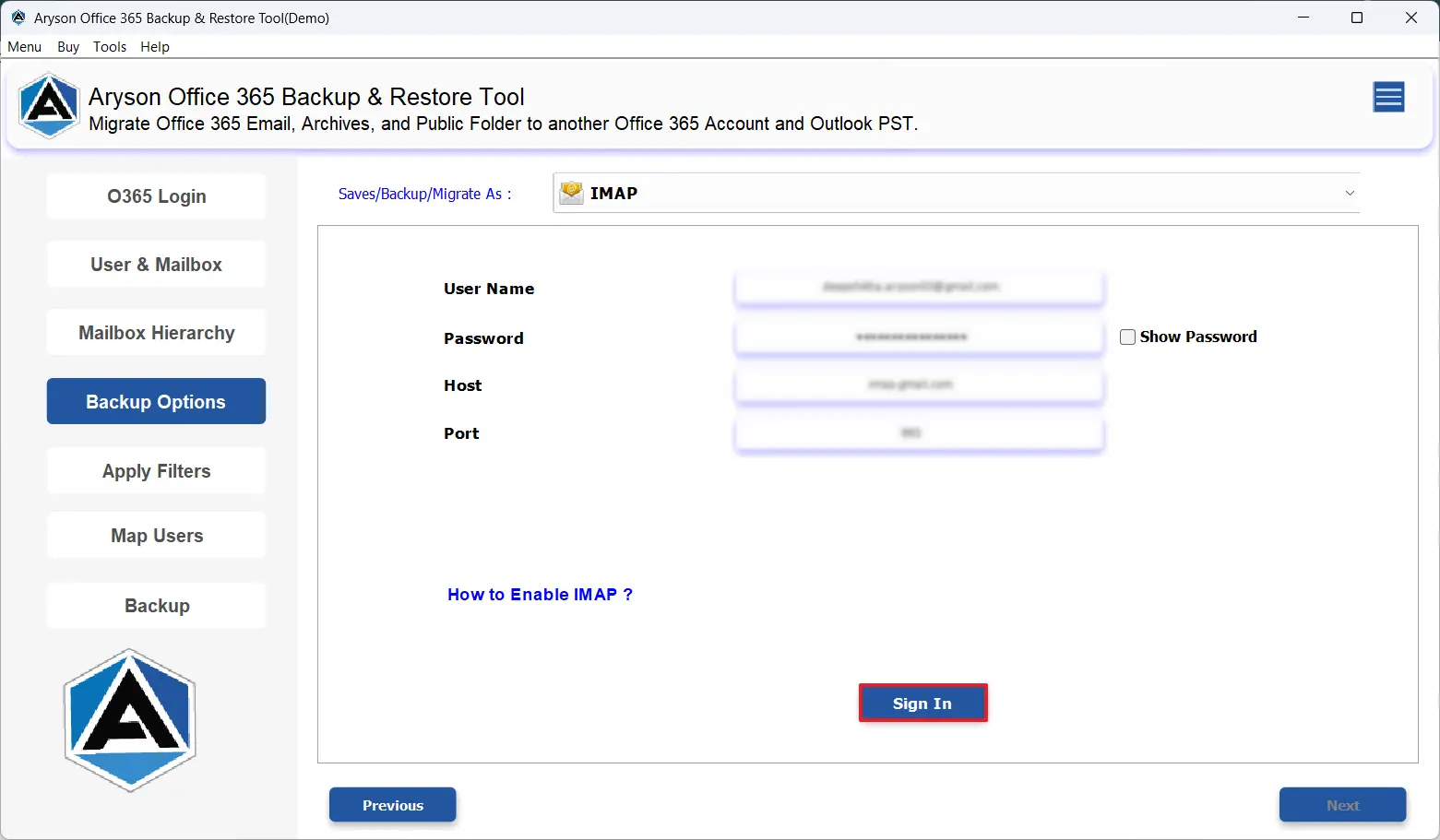 Enter your IMAP credential