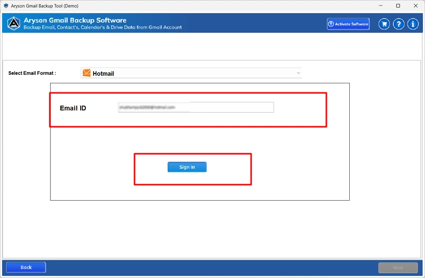 Enter hotmail credentials