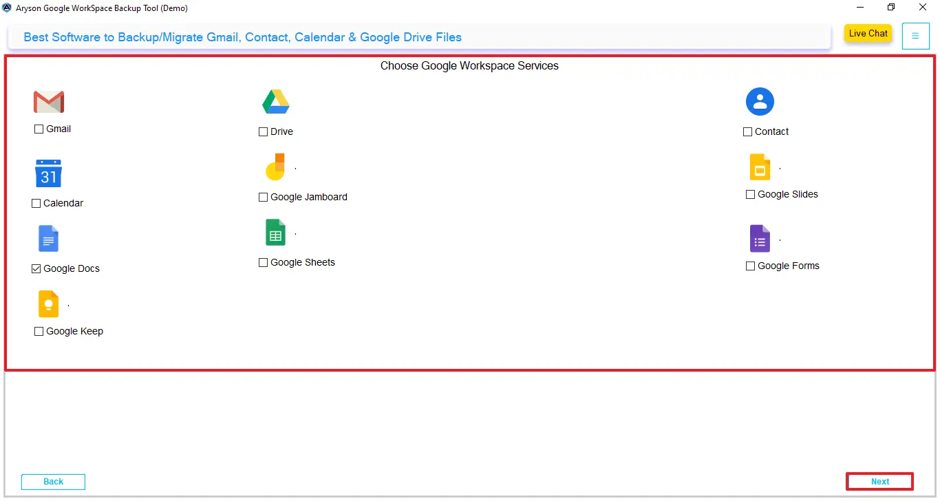 Choose the Google service & click next