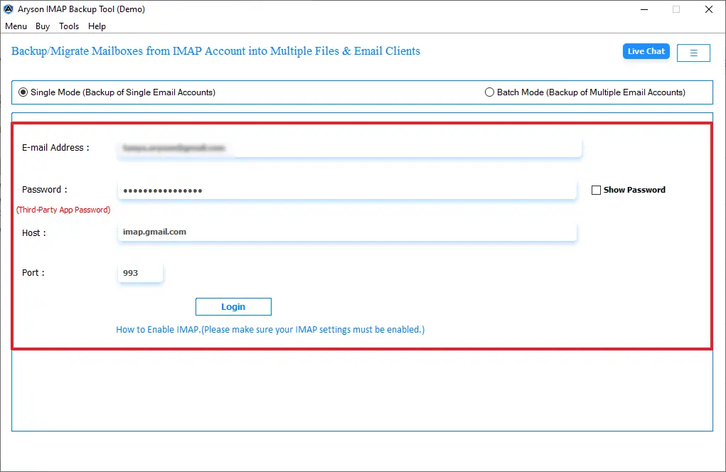 Enter the IMAP login credentials
