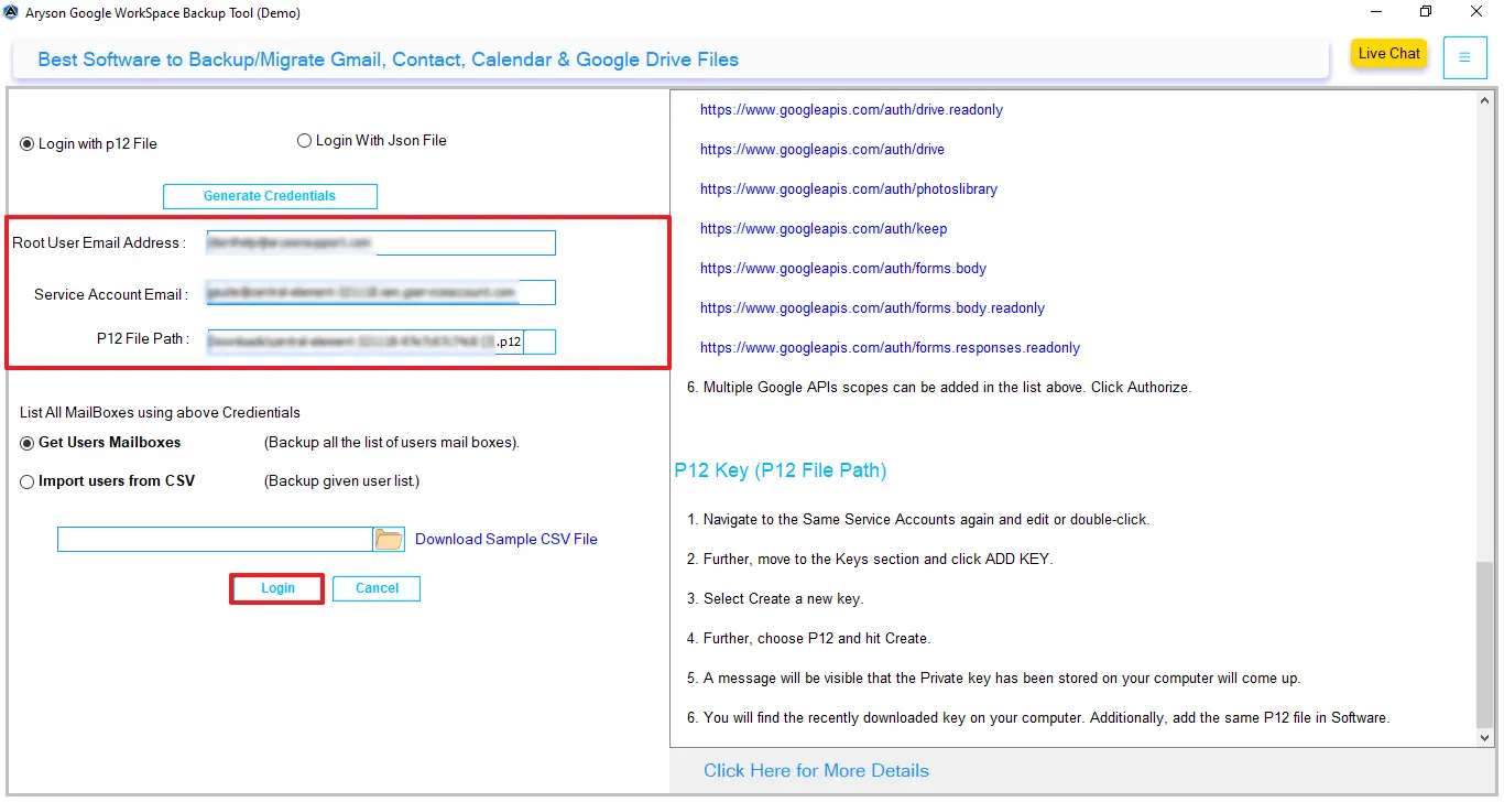 Enter credentials in the login P12 files