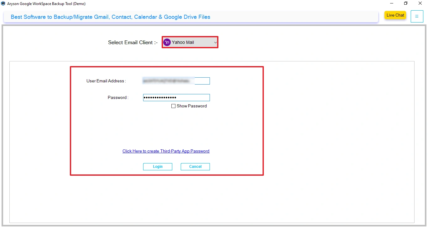 Choose Yahoo Mail as destination