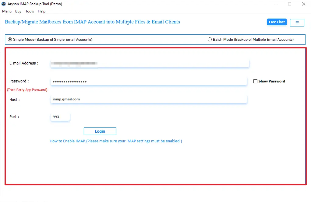 enter the login credentials and IMAP settings.