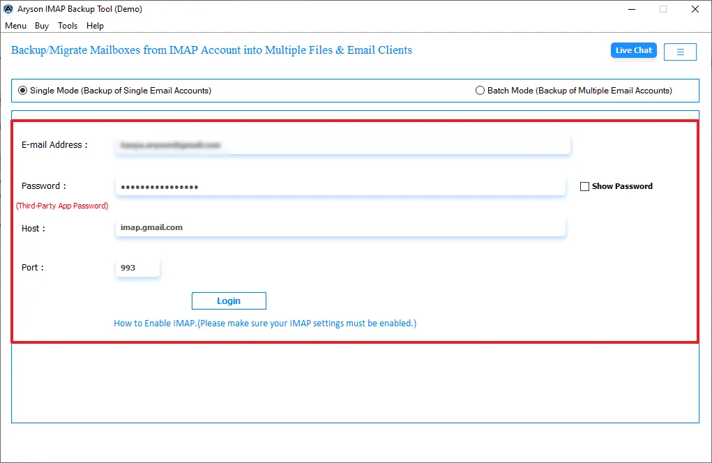Enter the login credentials which include Host and Port
