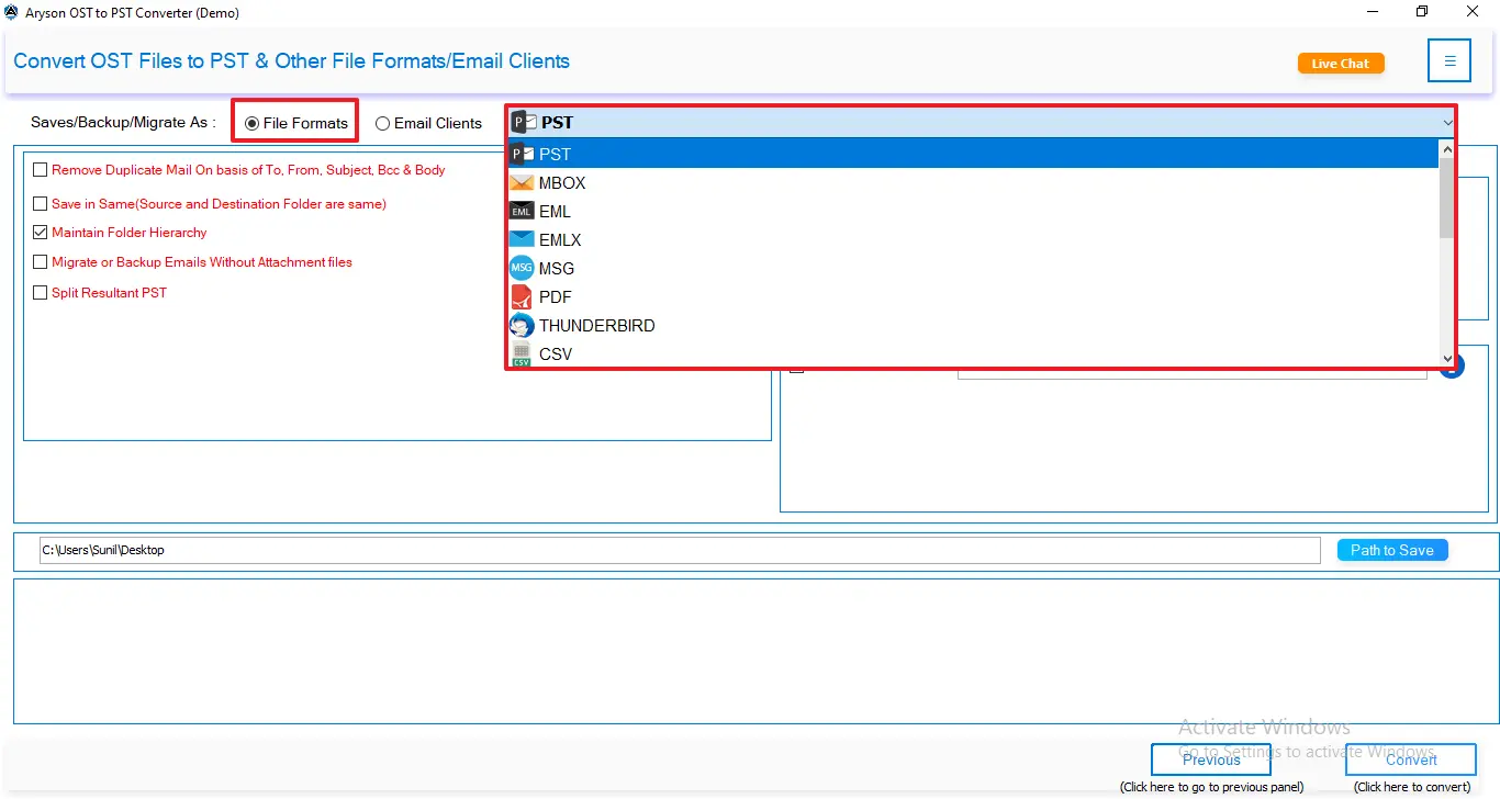 Select the file format as PST