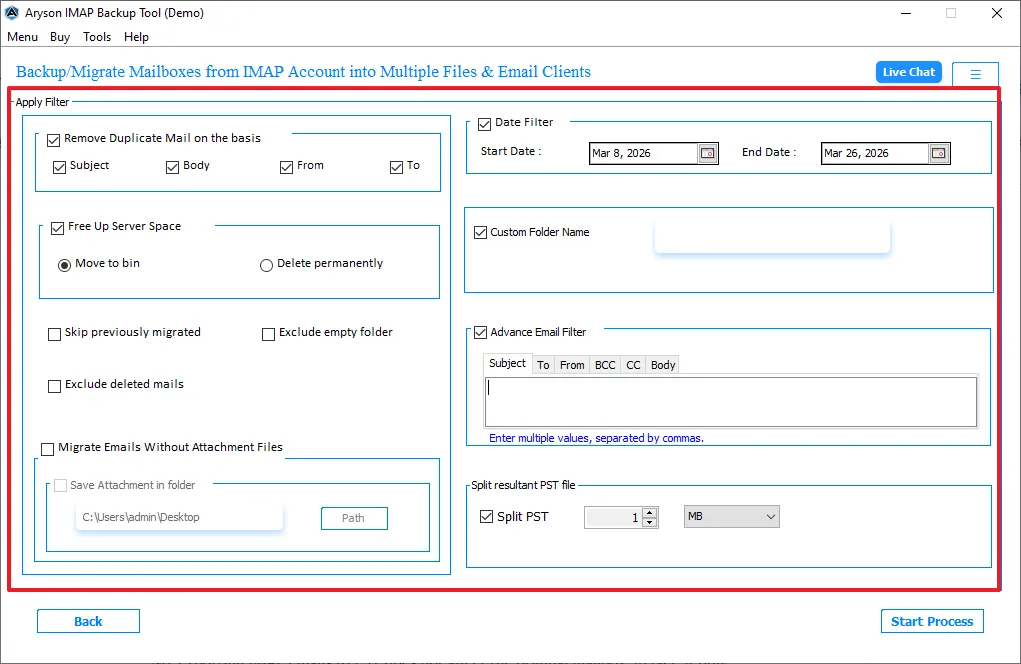 Enable the filters for selective migration