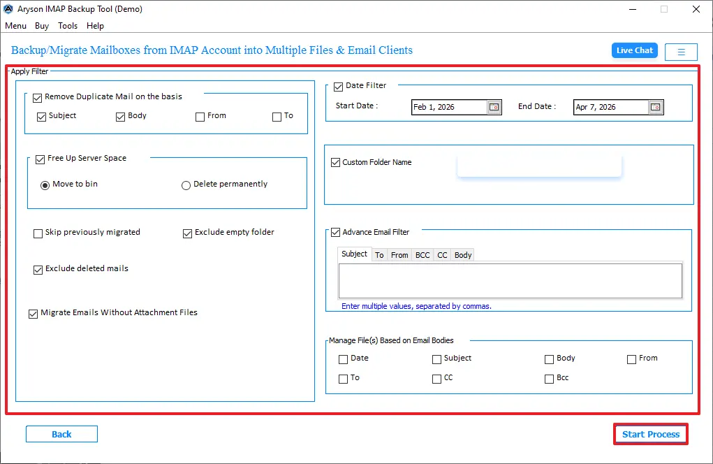 Enable the filter and then click on Start Process.