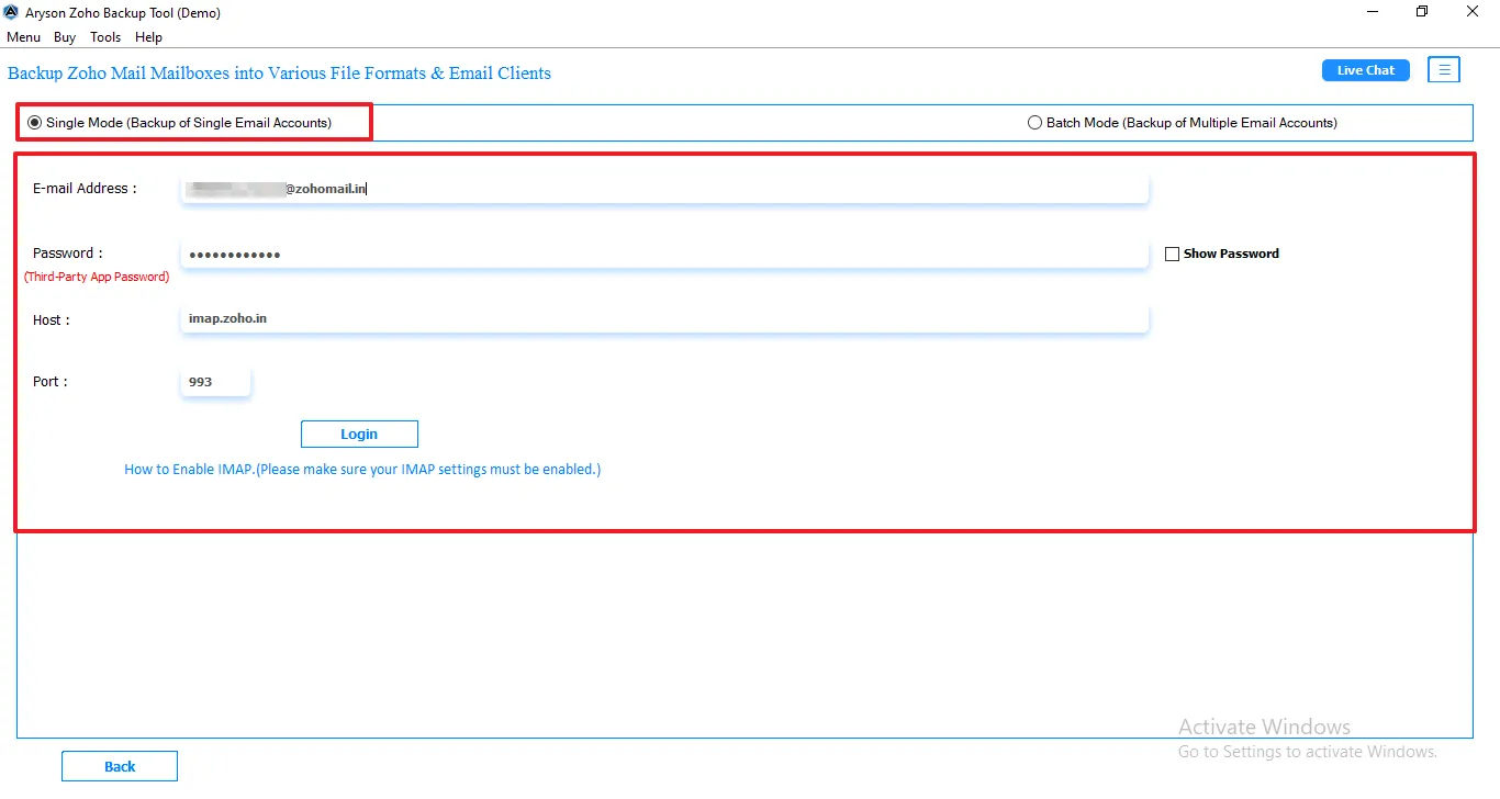 Select the mode and enter the correct Zoho Mail credentials