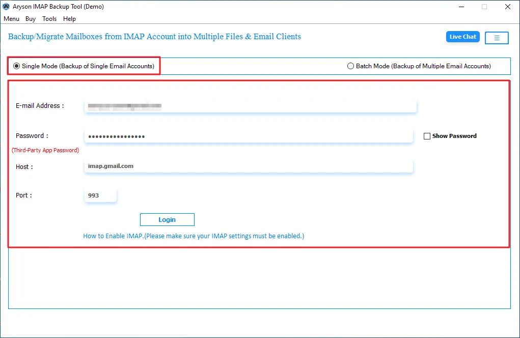 Select single/batch mode and enter the login credentials