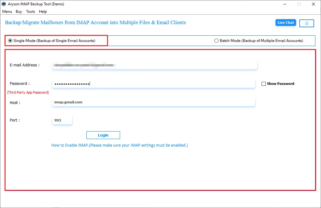 Provide the IMAP account credentials