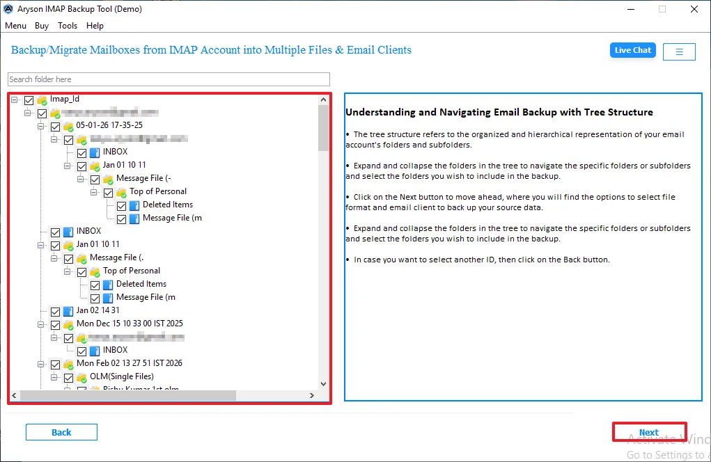 A tree structure panel is shown where your mailbox folder appears 