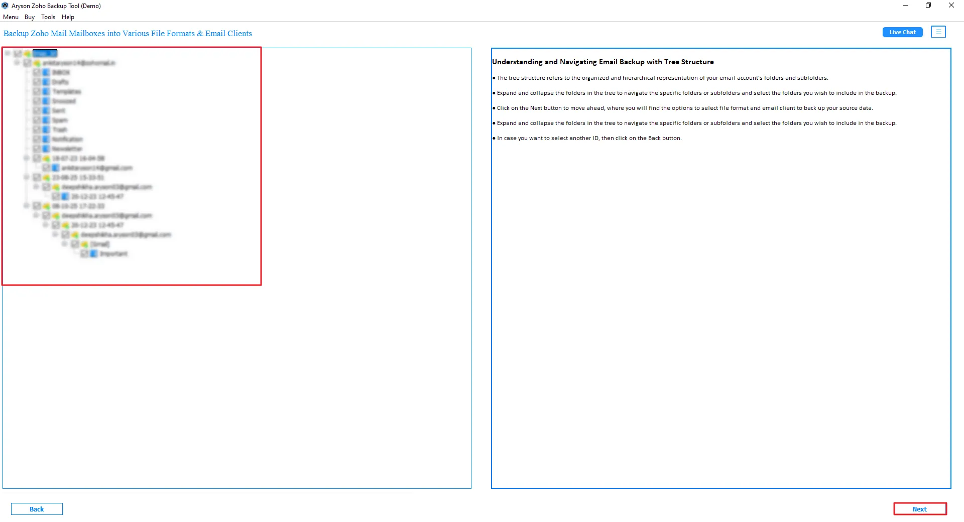 Preview and select mailbox folders in the tree structure. Click Next.