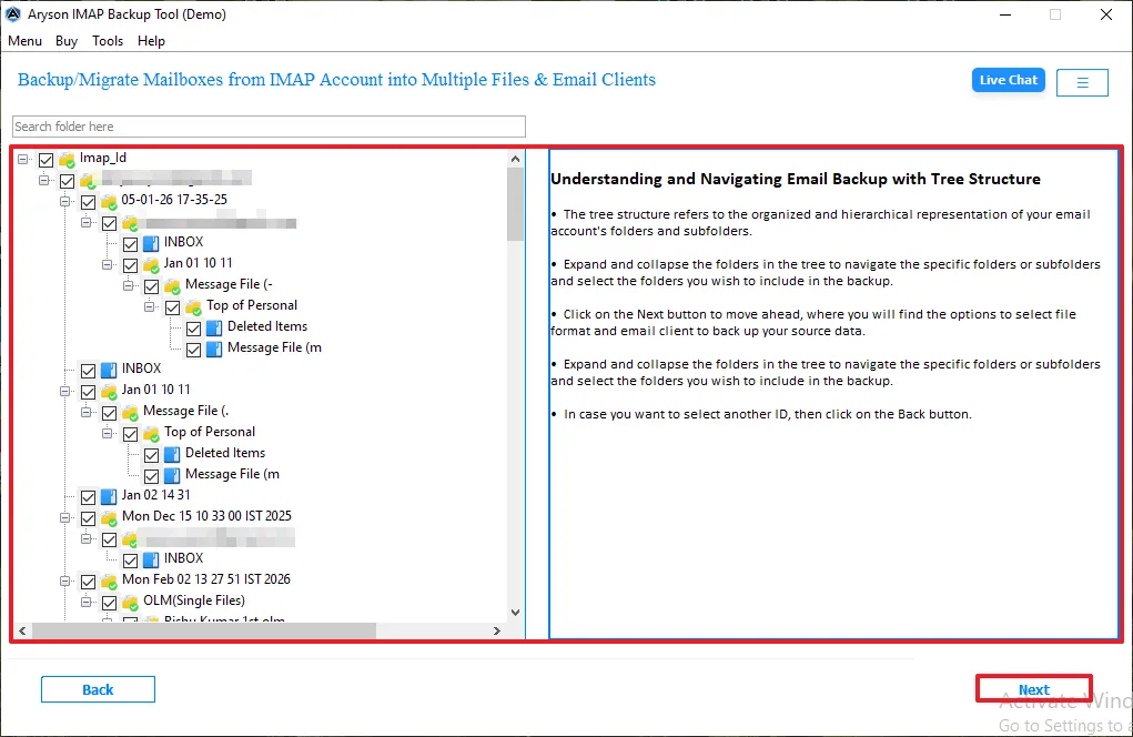 Preview panel opens where you can select the folder to migrate
