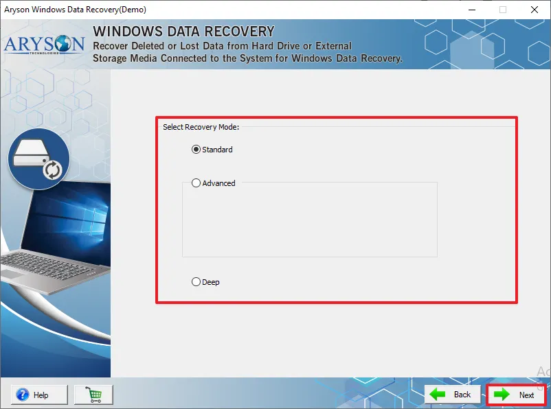 Choose the recovery mode: Standard, Advanced, or Deep mode of data recovery.