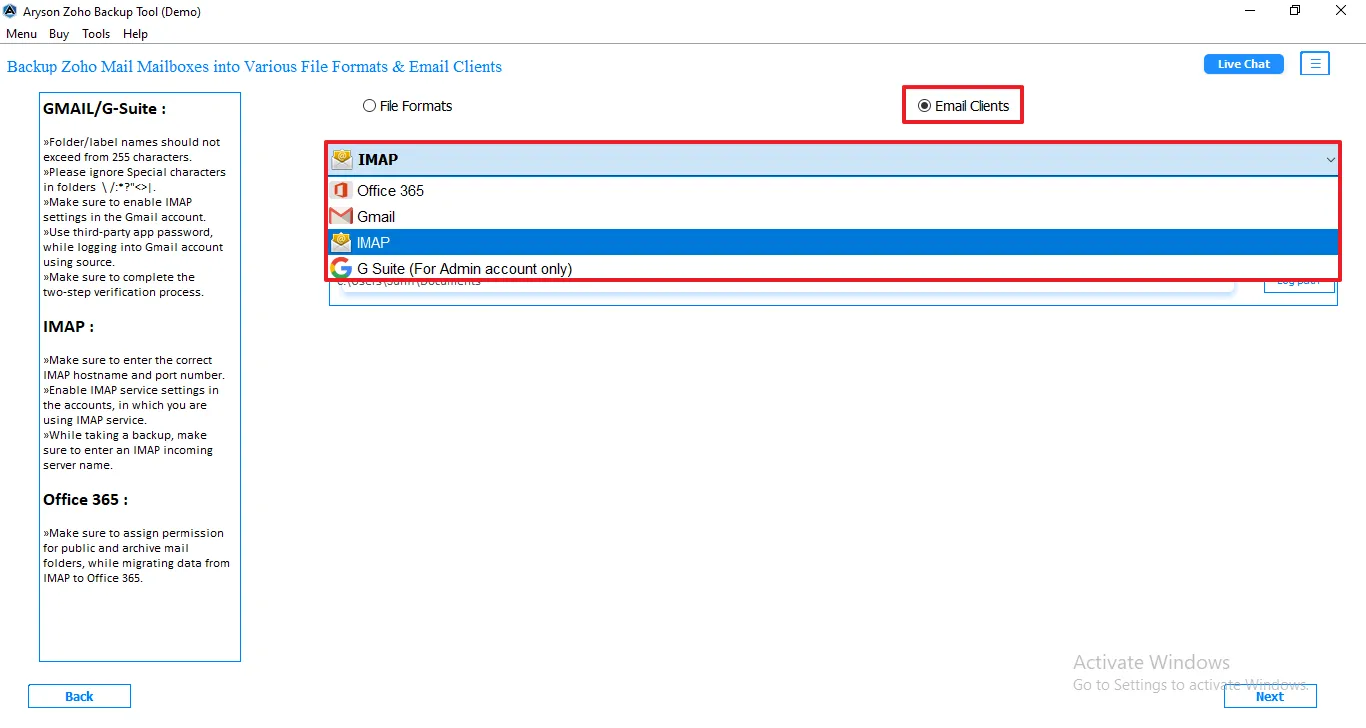Tap on the email client and select IMAP
