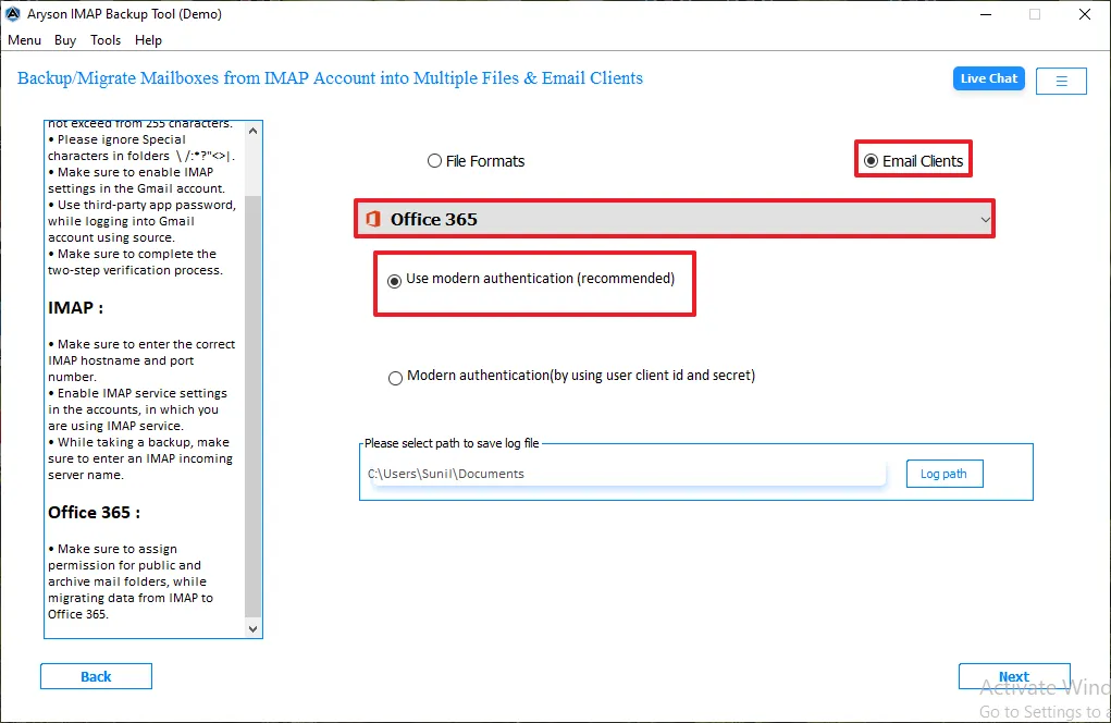 Select Office 365, and enter credentials