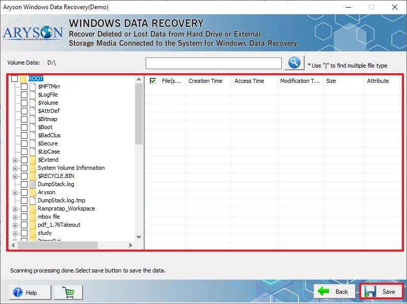 Select the folders to recover and press the Save button
