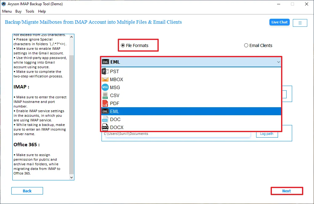 Select EML as the output format and choose the destination