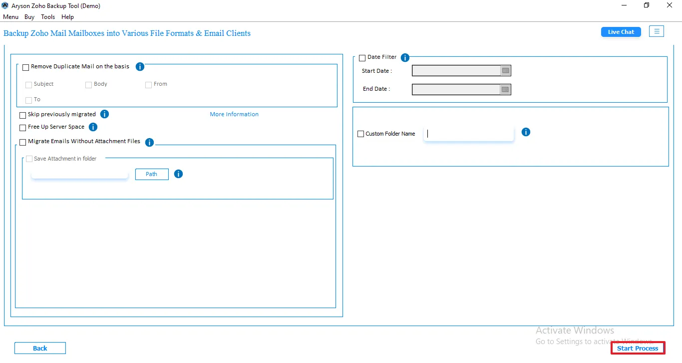 Click on the Start Process to begin the export of Zoho Mail to IMAP