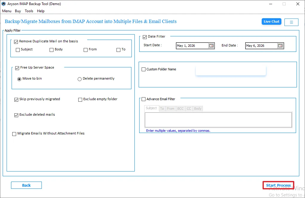 To start the migration process, click on Start Process