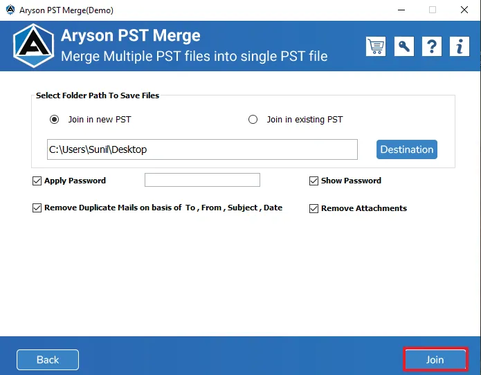 Start the process to complete the Outlook PST file merging