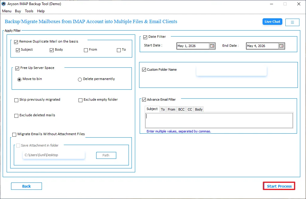 Click on Start process to export IMAP to EML