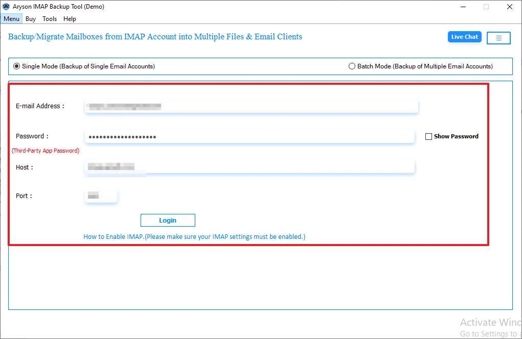 Enter the IMAP login credentials