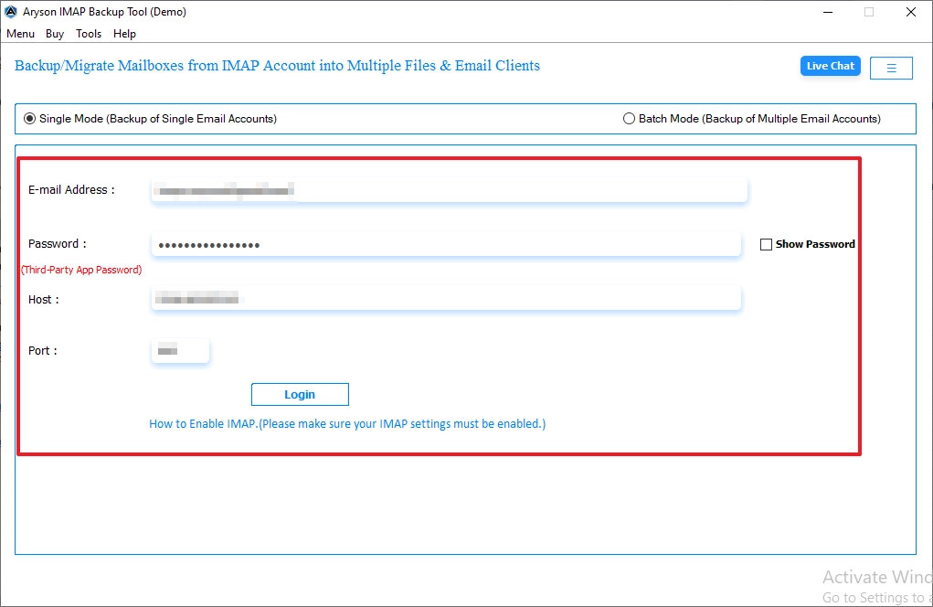 enter the valid IMAP credentials