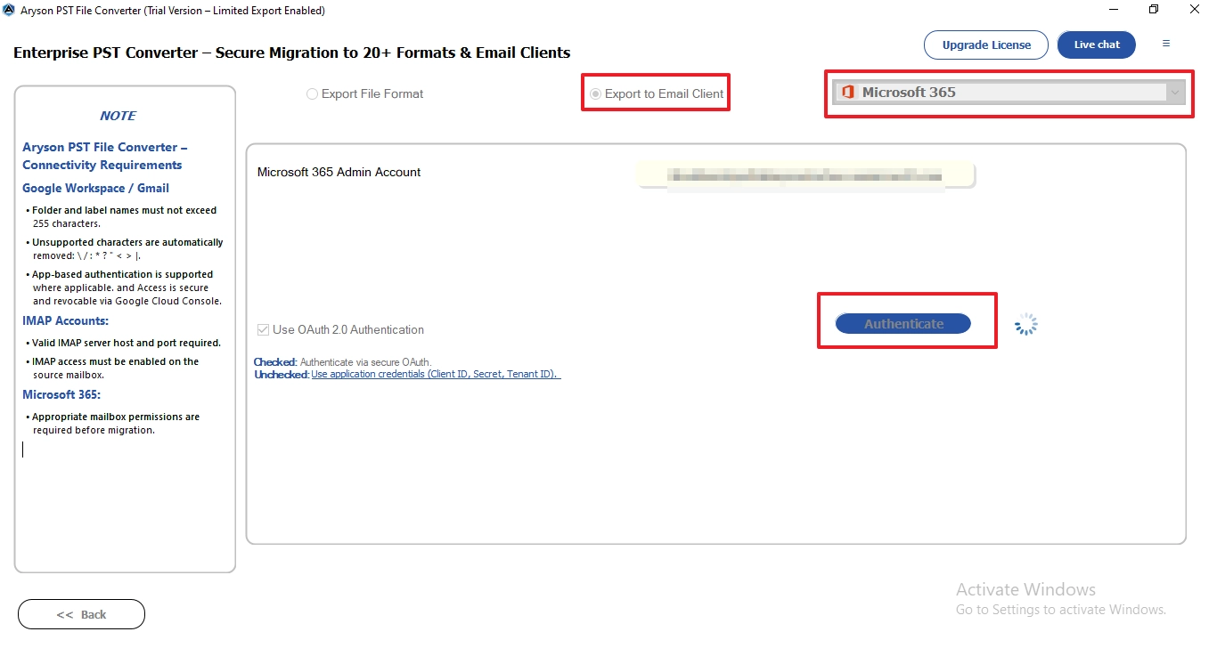 choose Microsoft 365 and enter credentials