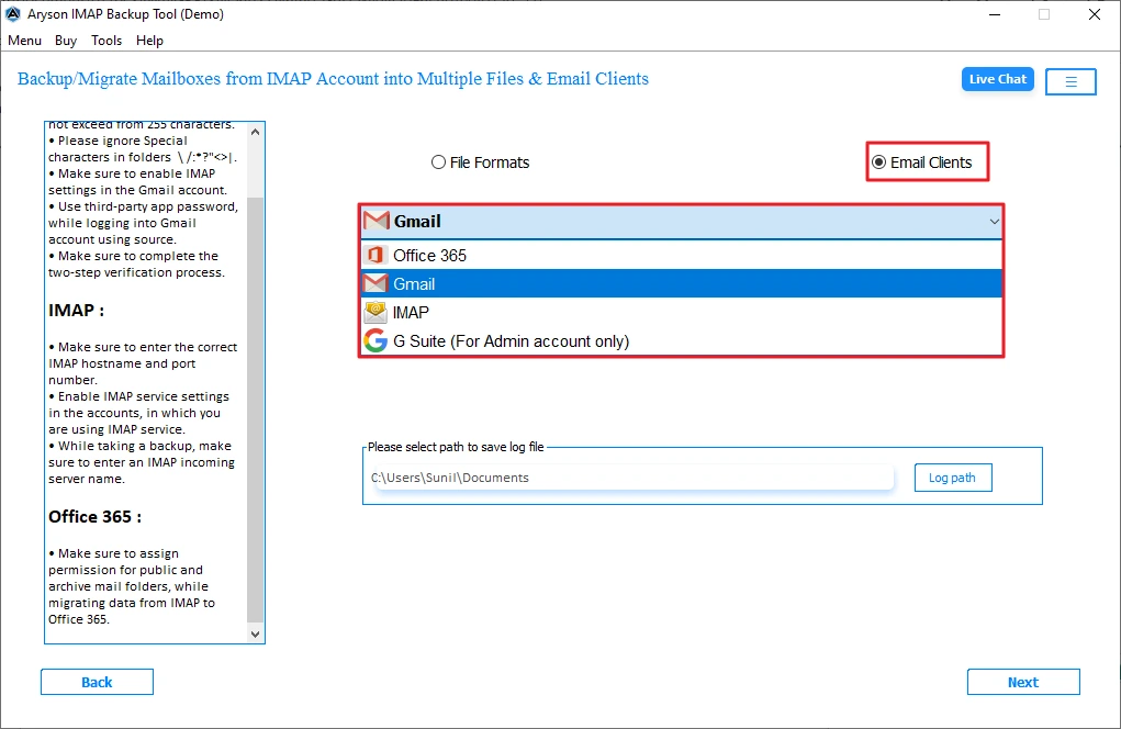 Choose Gmail as the output