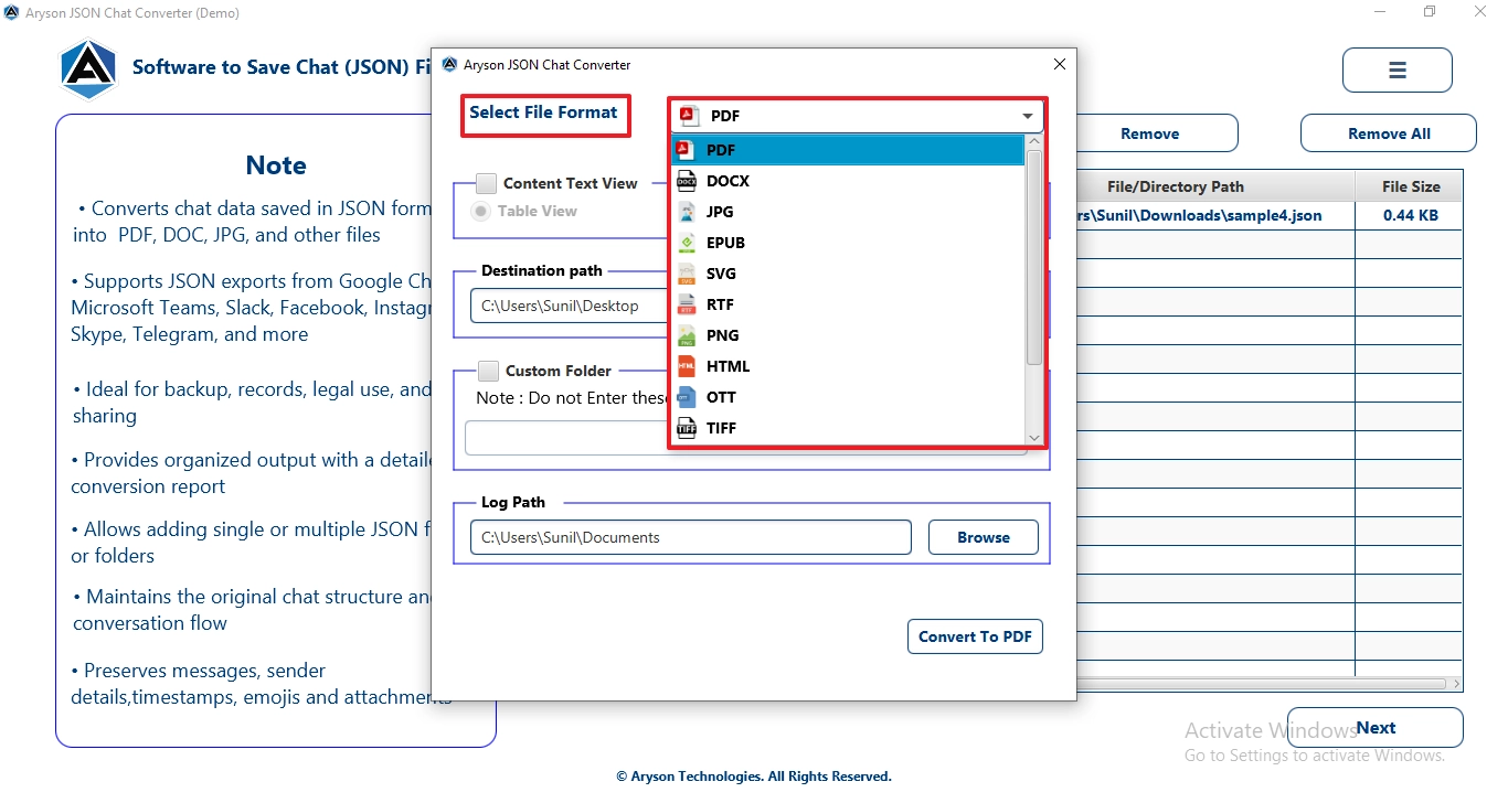 Choose the file format as a PDF