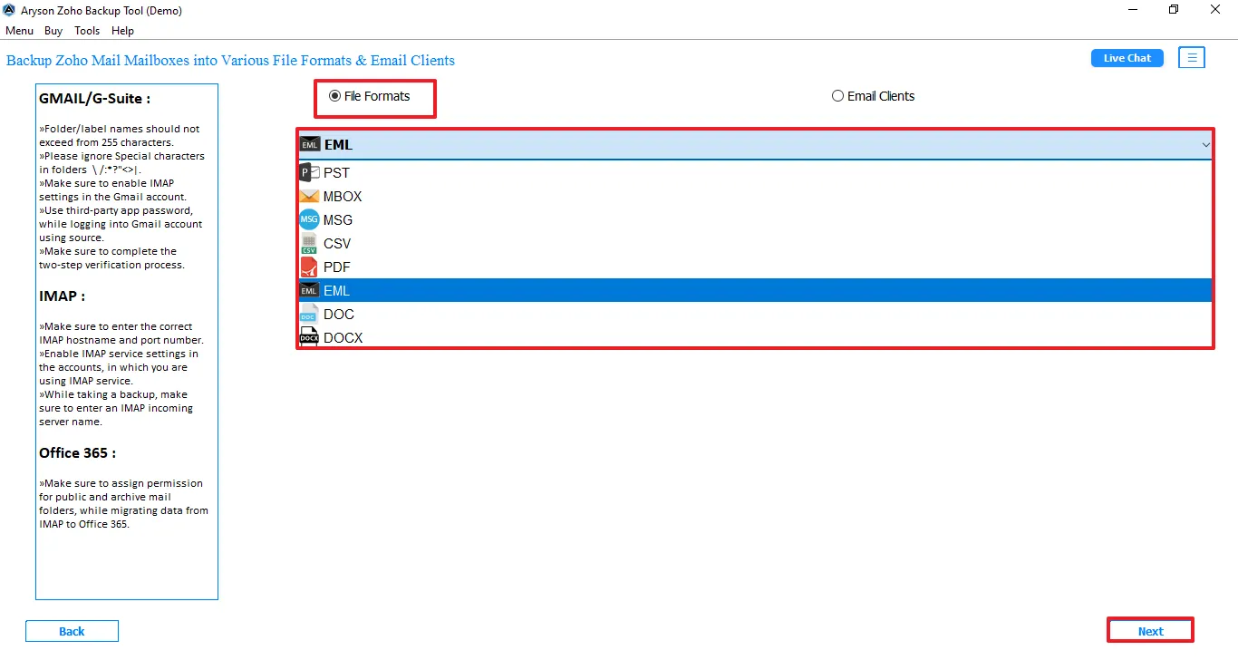 Select EML as the output format 