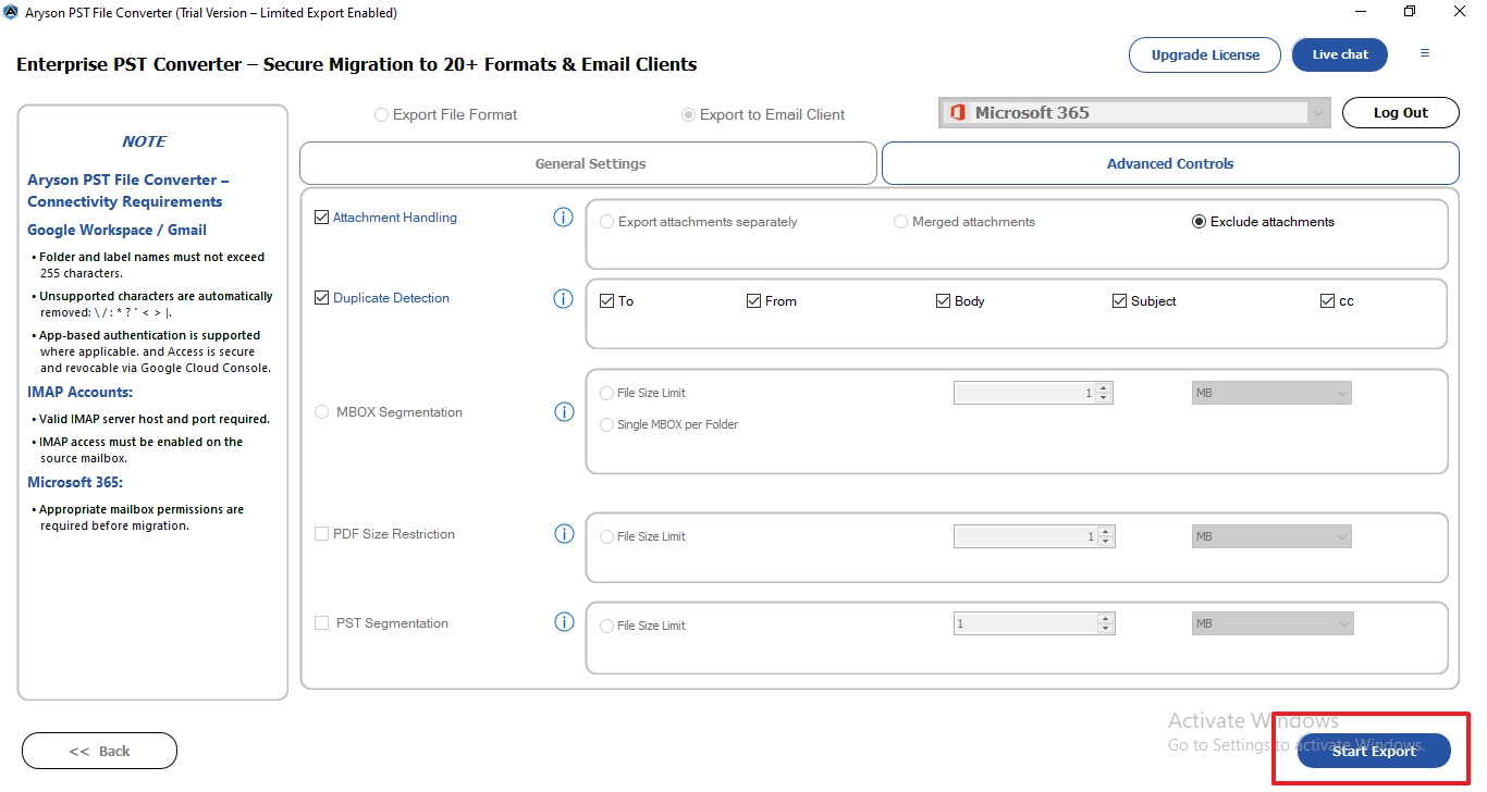 click on Start Export