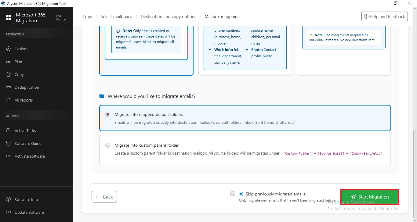 click on the Start Migration button