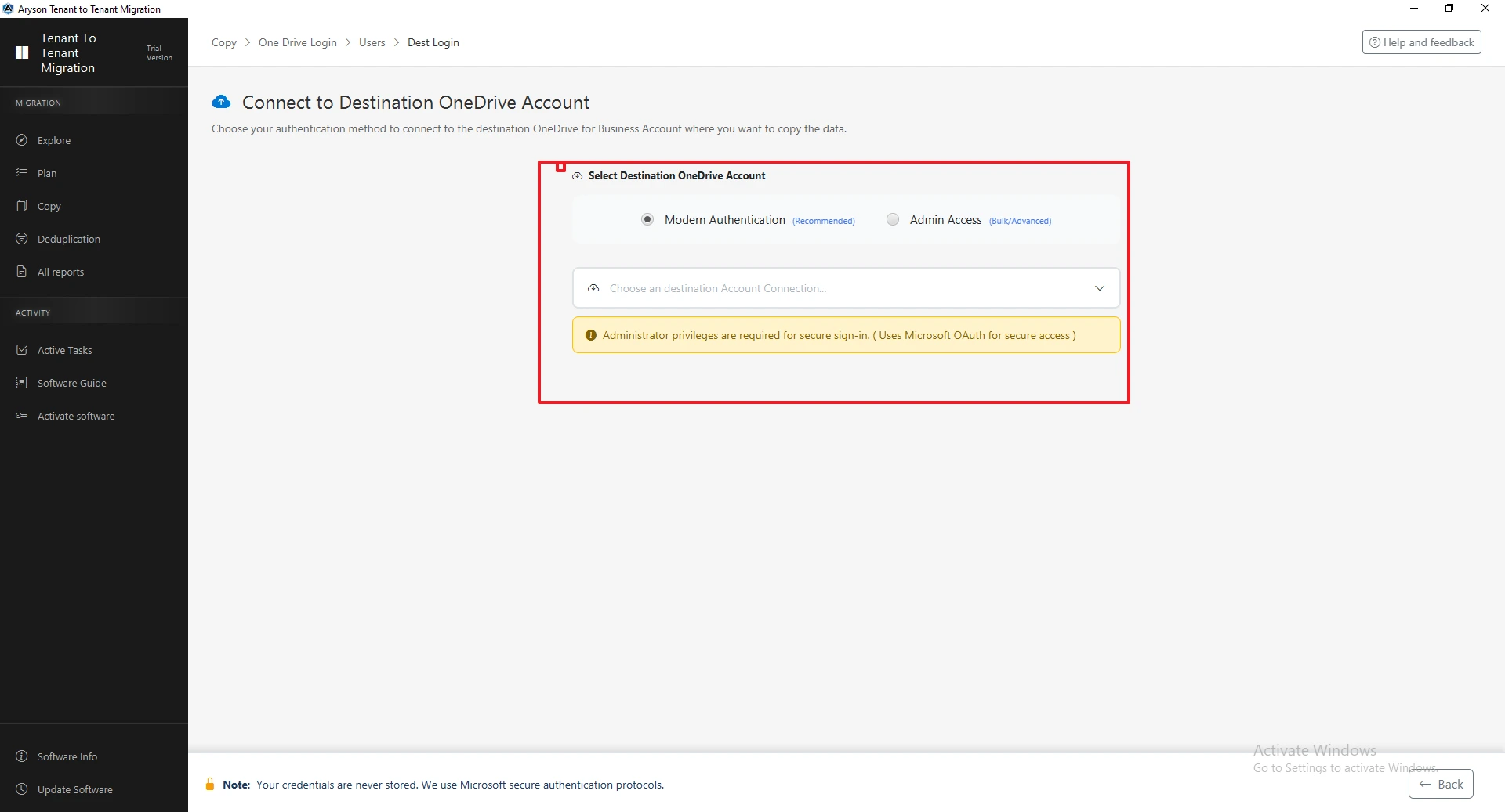 connect the destination OneDrive account
