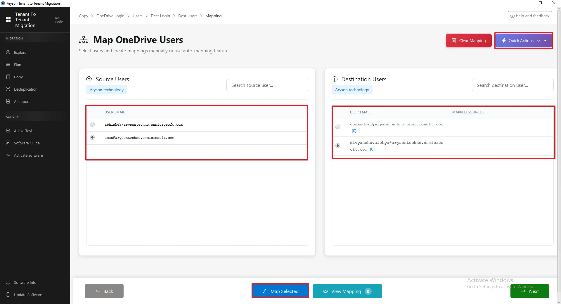 map the source and destination users