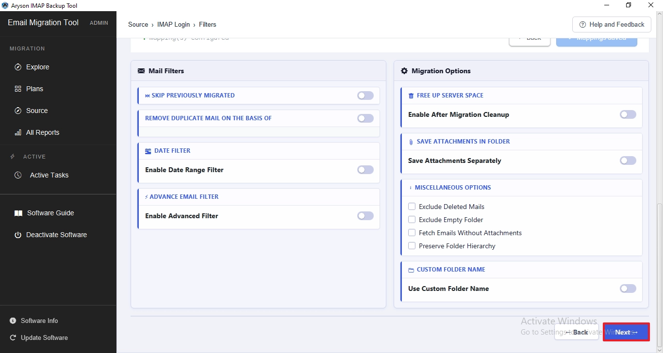 Next to begin the backup or migration process