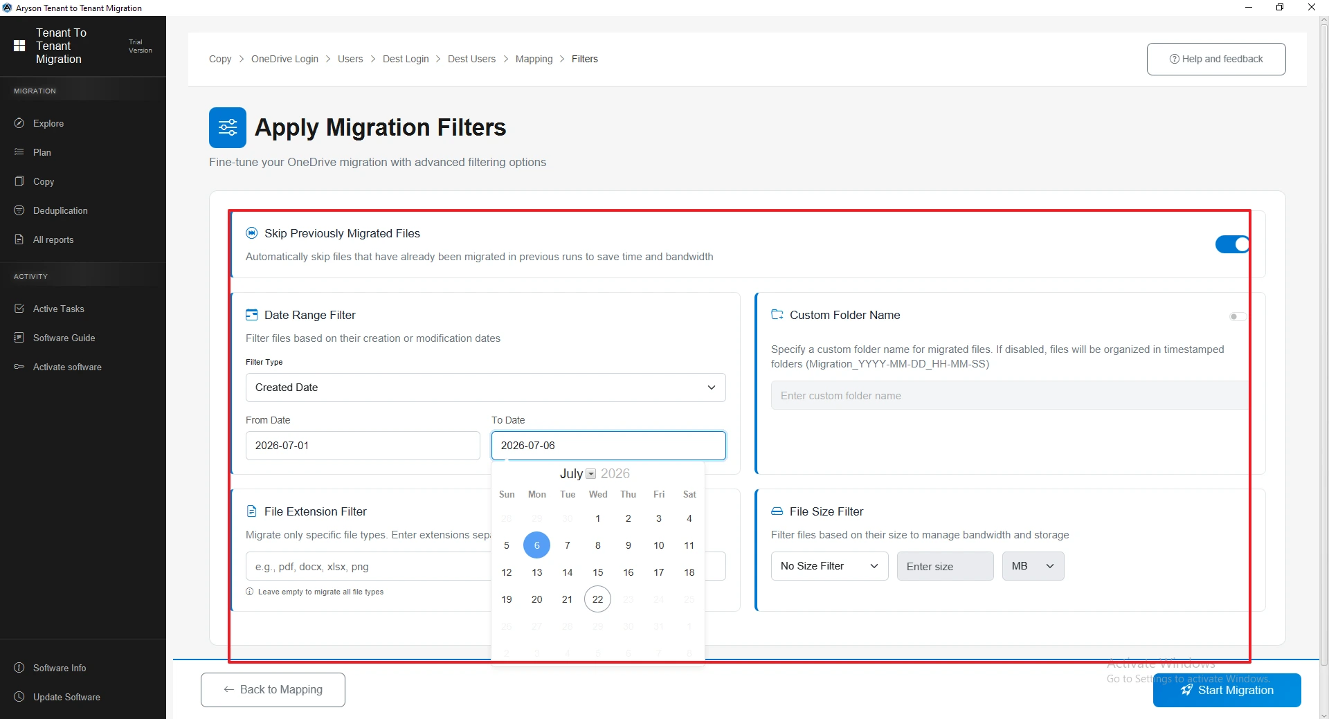apply the required migration filters